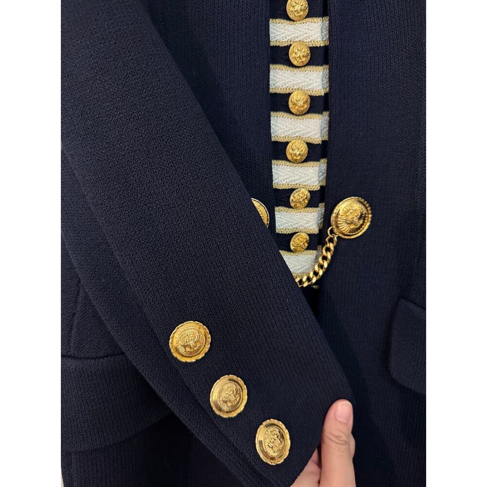 St. John 2-Piece Knit Suit Set Navy Blue Gold Metallic Trim and Skirt sz 6 - Picture 2 of 13